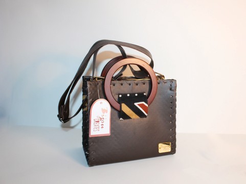Chocolate Vegan Leather Handbag with Wooden Handles &amp; Ankara Wax Print  with Wallet Co-ord Set