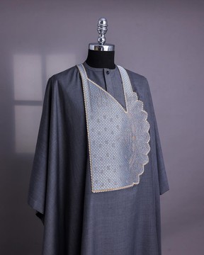 A Grey, sided pagoda embroidery details agbada