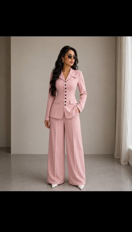 Women's Blush Pink Blazer &amp; Wide-Leg Trousers Set – Textured Suiting Fabric Two-Piece