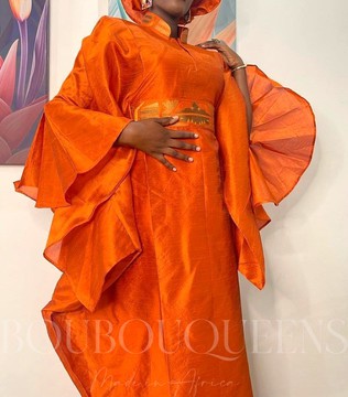 African Boubou Dress for Women "Gnima" Orange in Shantung Fabric — With Scarf