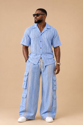 Men’s Light Blue Lace Shirt &amp; Wide-Leg Cargo Trousers Two-Piece Set