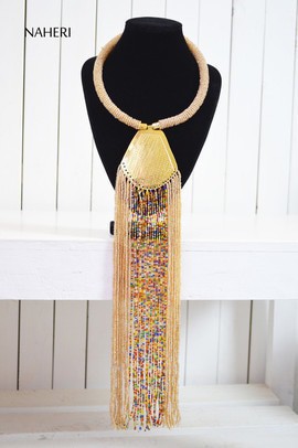 African beads beige necklace | African Jewelry | Tribal fringe neck piece | Gift for her