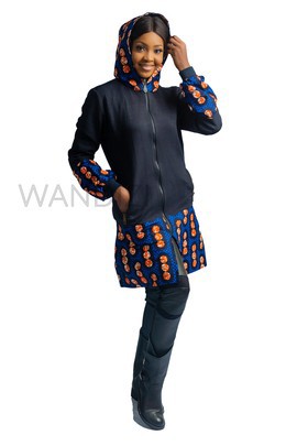Ankara Wool Mix Mid length Coat with hoodie