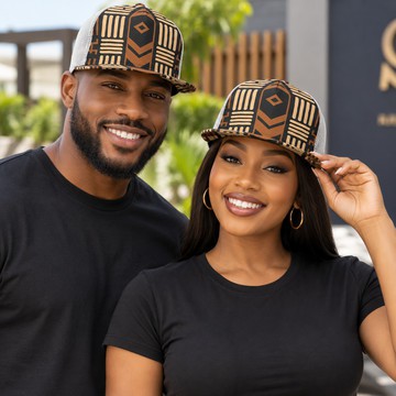 Casquette noire à motif afro imprimé, visière plate et mesh | Couvre-chef à imprimé africain | Bynelo