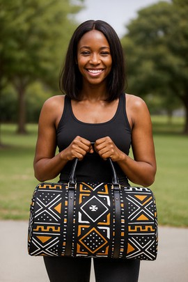 African Travel Bag Leather Traditional Bogolan Print
