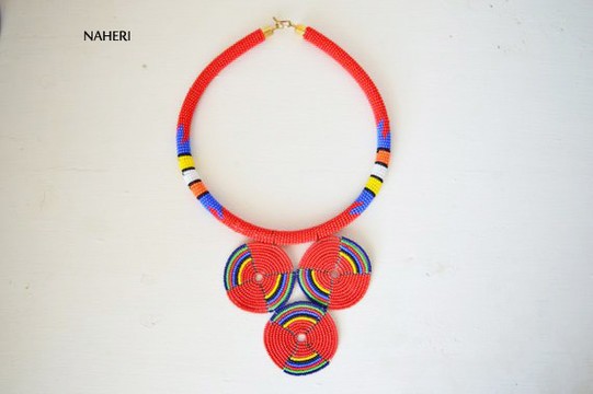 African Maasai Beaded Red Necklace | Zulu Inspired Necklace | Red Tribal Pendant Jewelry