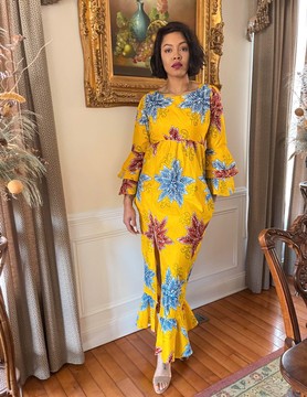 African Print Ankara Floral Print Ruffle Sleeve Cotton Maxi Dress