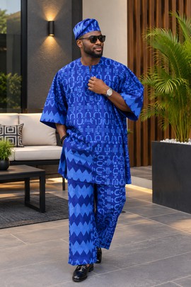 Ensemble 3 pièces pour homme à imprimé Ankara bleu – haut oversize, pantalon et casquette assortie,