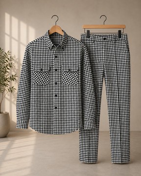 Men's Black &amp; White Houndstooth Thick Cotton Shirt &amp; Trousers Set