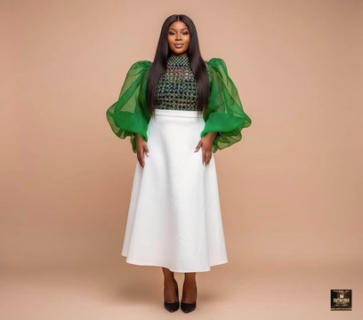 Green Tulle Puff-Sleeve Top &amp; White Skirt