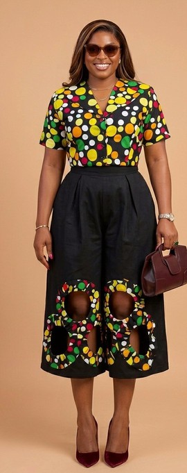 African Print 2-Piece Skirt Set – Polka Dot Button Shirt &amp; Black Cut-Out Midi Skirt for Women