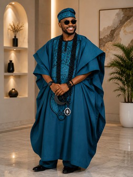 Agbada de luxe bleu sarcelle pour homme en Aso Oke – Tenue de mariage nigériane traditionnelle haut de gamme avec fila assorti