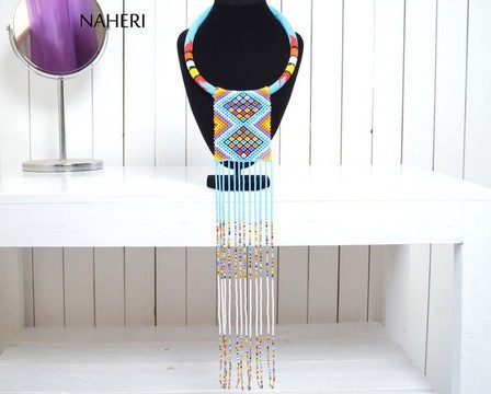 African Handmade Necklace | Zulu Beaded Blue Fringe Neck Piece