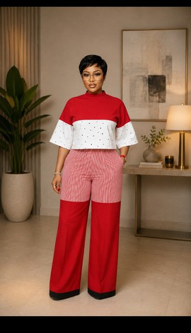 Ensemble deux pièces pour femme composé d’un haut colorblock rouge et blanc et d’un pantalon rayé à jambes larges – tenue à pois