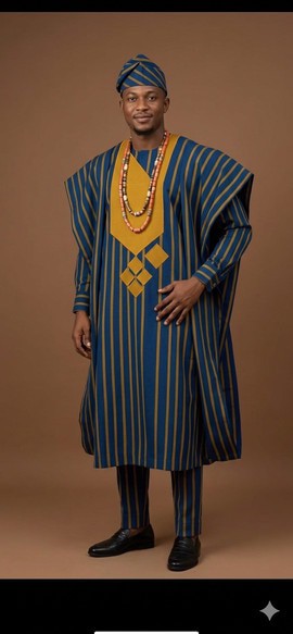 Bold Striped Navy and Mustard Agbada Ensemble