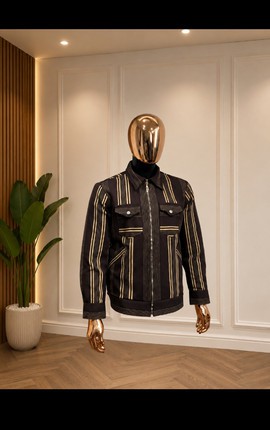Men's Black &amp; Gold Striped Aso Oke Jacket – Handwoven Nigerian Zip-Up Trucker Jacket
