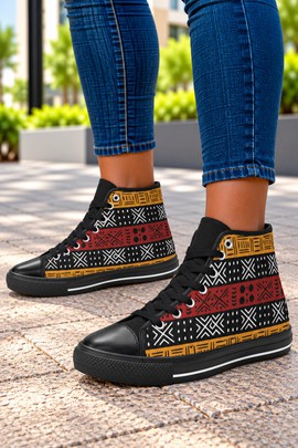 Colorful banded mudcloth  Women's Classic High Top Canvas Shoes | African Print Sneakers