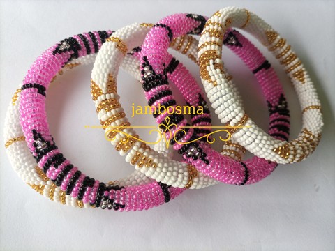Maasai Zulu beaded bracelets, set of five bangles, white and pink bracelets,