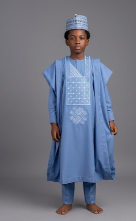 Boys Blue Agbada Set – Traditional Hausa  3-Piece Outfit with Embroidered Cap | Kids Native Wear