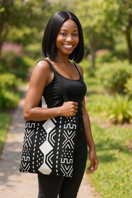 Afrocentric Tote Bags | Geometric Black &amp; White Print | Large Capacity