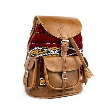 BIG SALE! Genuine Leather Backpack with Red Kilim Handmade by Cuiroma Craftsmen in Morocco