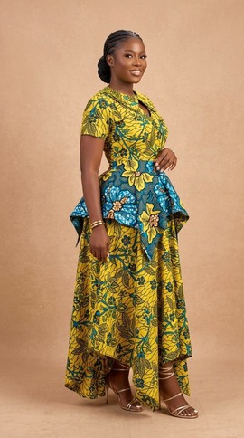 Yellow &amp; Blue Ankara Print Tiered Wrap Maxi Skirt Set