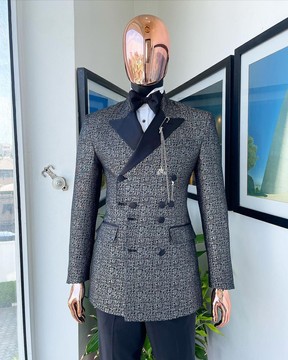 A “pirate” metallic jacquard, layered double breasted, 10 buttons, peak lapel tuxedo suit