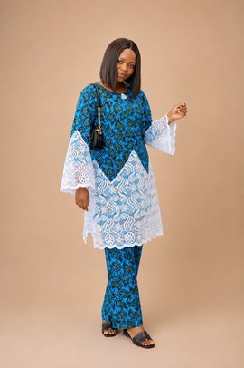 Ankara Boubou Kaftan Dress with White Lace Bell Sleeve