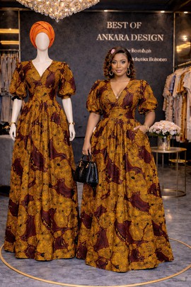 Elegant Ankara Long Dress – Puff Sleeve Maxi