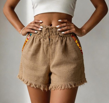 raw hem burlap shorts with ankara trim