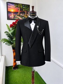 Costume de smoking OKXEEL noir à revers châle fleuris