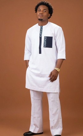 White Dashiki with Navy Contrast Placket &amp; Pocket Detail
