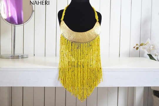 African beaded fringe necklace | Yellow tribal handmade neck piece with brass