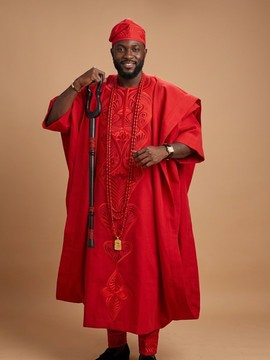 Red Tonal Embroidered Agbada Set – Traditional Yoruba Men's 4-Piece Attire with Matching Fila