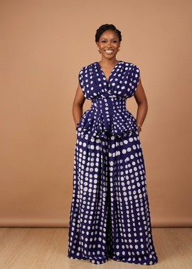 Indigo Adire Polka-Dot Peplum Two-Piece Set|vacations|Casual outfit |Beach Outfit|Summer Outfit