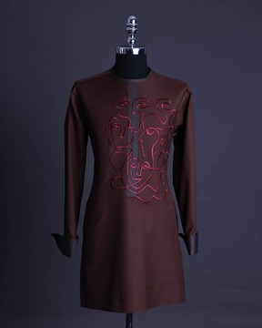 A Hickory Brown, front flap with “Eve Of May” embroidery detailing African senator kaftan native.
