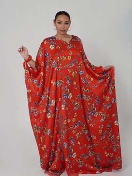 Red Floral Print Multicolor Kaftan Dress