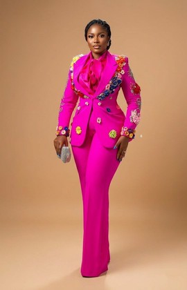 Fuchsia Pink Floral Beaded Power Suit Set –2-Piece Blazer and Wide-Leg Trousers with Pussybow Blouse