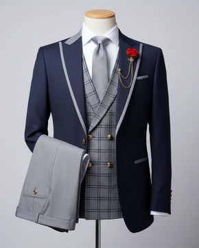 Luxury Navy Blue &amp; Gray Checkered 3-Piece Tuxedo Suit