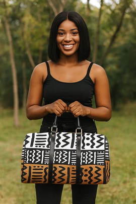 African Leather Bag for Travel Kuba Zigzag Print