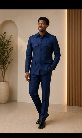 Ensemble deux pièces pour homme composé d’une veste de safari bleu marine à imprimé texturé et d’un pantalon, avec poches plaquées