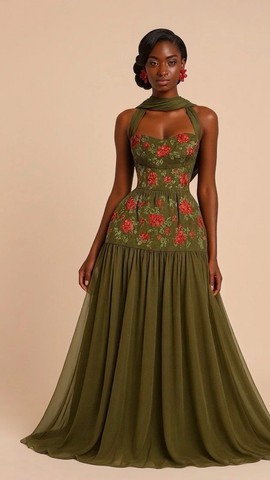 Elegant Olive Green Floral Maxi Dress – Halter Neck Flowy Evening Gown for Women