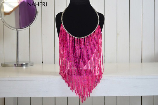 African pink beaded fringe necklace | tribal maasai handmade neck piece