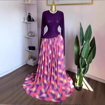 Women's Purple Fitted Bodice Tie-Dye Print Maxi Gown