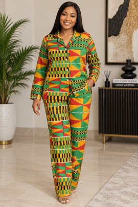 Kente Print Women's Satin Pajama Set | African Print Sleepwear | Bynelo