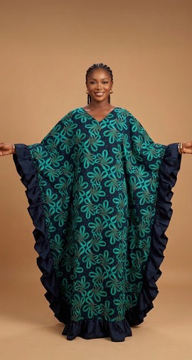 Emerald &amp; Navy Adire Floral Ruffled Boubou Gown|Wedding guest attire|Plus size fits