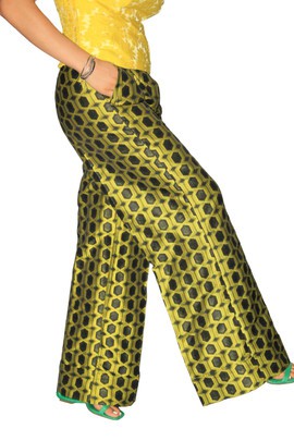 Yellow And Black Mix Jacquard/Damask Pants, African Womens Pants
