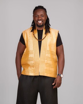 A double breasted, curved peak lapel waistcoat by dejiandkola
