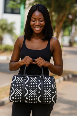 African Duffel Leather Bag for Travel Mudcloth Tribal Print
