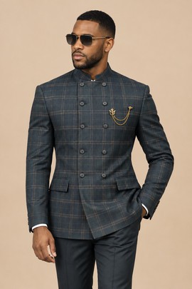 Plaid Double-Breasted Suit Jacket with Mandarin Collar, Gold Chain Brooch and Matching Trousers